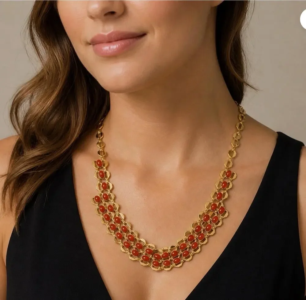 Talbots necklace Statement Matte Gold Dark Red Stone Choker 16